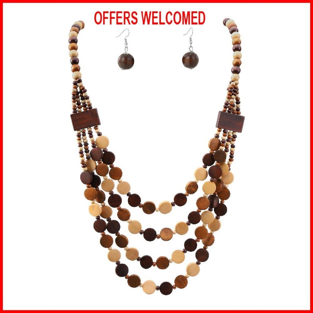 Wood Bead Necklace Earrings Set Chunky Layering Statement Jewelry